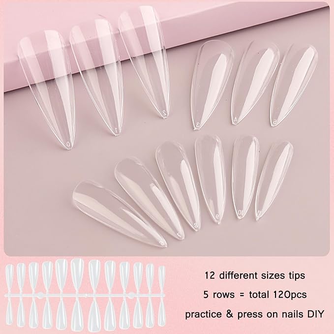 Nail Stand Set for Press Ons, Starter Design Tools Kit Practice Display 15PCS Nail Art Brushes 120PCS Clear Almond Fake Tips Nail Holder for Painting Double-Sided Adhesive Tape Home Manicure