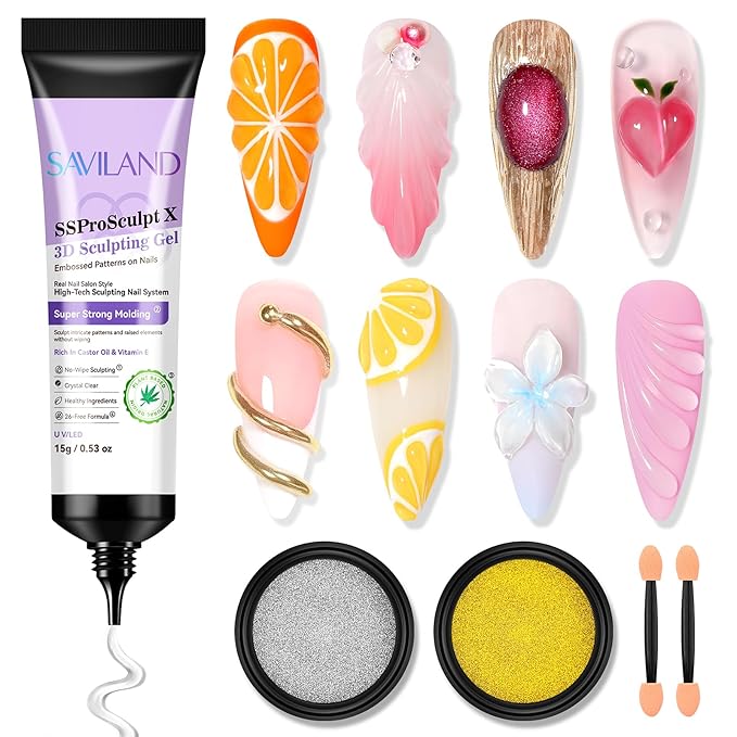 SAVILAND Clear 3D Nail Gel Kit: 15g No Wipe 3D Sculpting Gel with Metallic Gold Silver Chrome Powder for Nail Art Carving, Molding & Painting Home DIY Salon Manicure Supplies