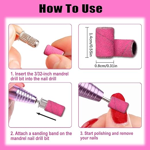 Nail Drill Bits, 135 Pcs Sanding Bands for Nail Drill, Nail Tips for Drill Bits Nail Tech, Mix 80#120#180#240# Fine Grit File Sanding Bands for Acrylic Gel Manicures Pedicure
