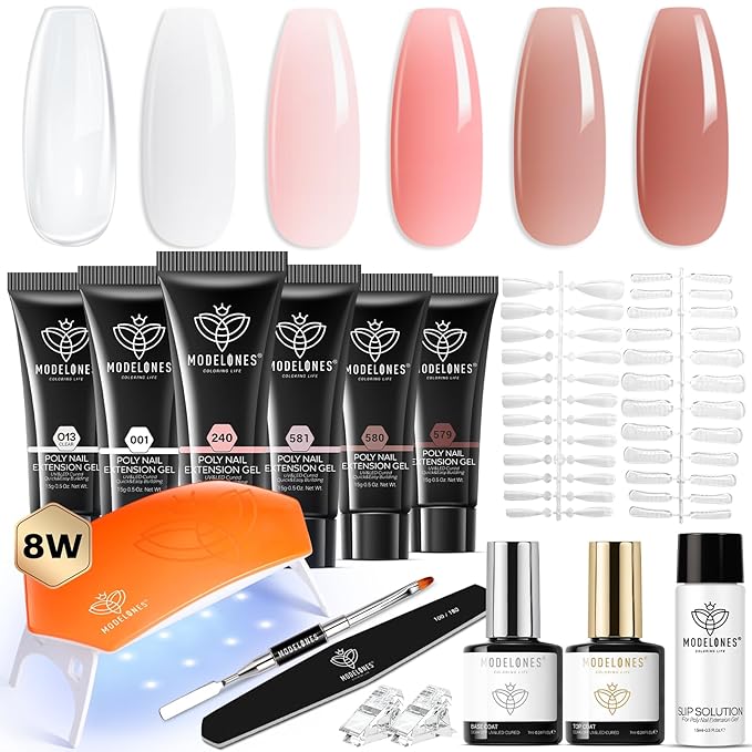 modelones Poly Nail Gel Kit 6 Colors with 8 W Lamp Nail Extension Gel Kit Nude Clear Pink Natural Complete for Beginner Thickening Solutions DIY at Home for Women