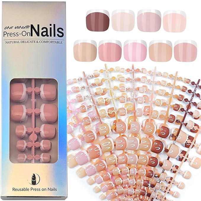 216 Pcs White French Tip Press on Toenails Short Square Fake Toe Nails Nude Glossy Acrylic Glue On Toe Nails Full Cover False Toenail Tips Stick on Toenails for Women Foot Manicure Kit 12 Size