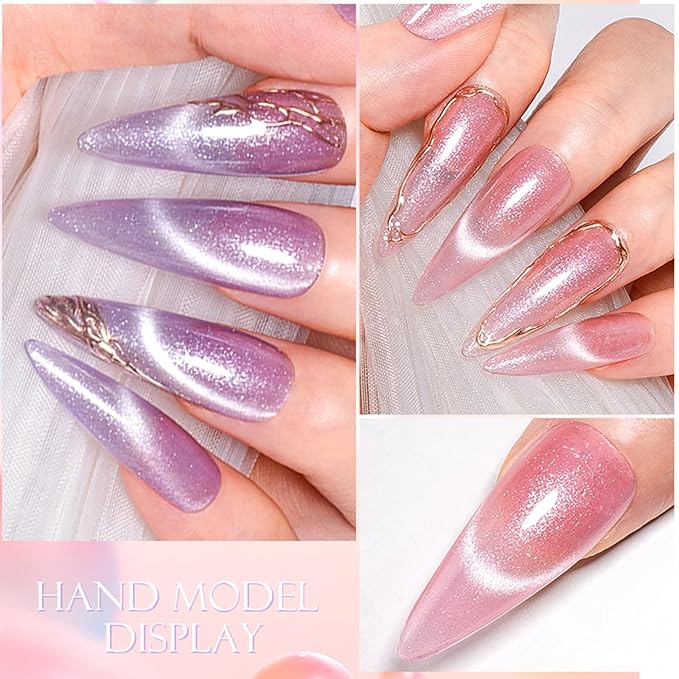 MEET ACROSS Magnetic Gel Nail Polish Set, Shimmer Glitter Cat Eye Gel, 8 Colors + 1 Magnetic Stick, Long Lasting, Salon Quality