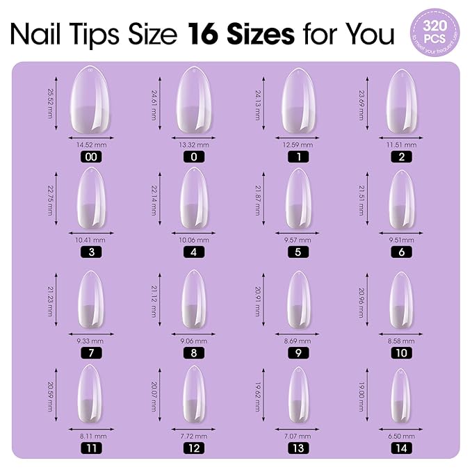 Gellen Tipex Pre-building Nail Tips, 320pcs Built-in Apex Medium Almond Nail Tips, 16 Sizes Full Cover Pre-file NailTips for Easy Wearing, Thicken Nails for Flat Nails