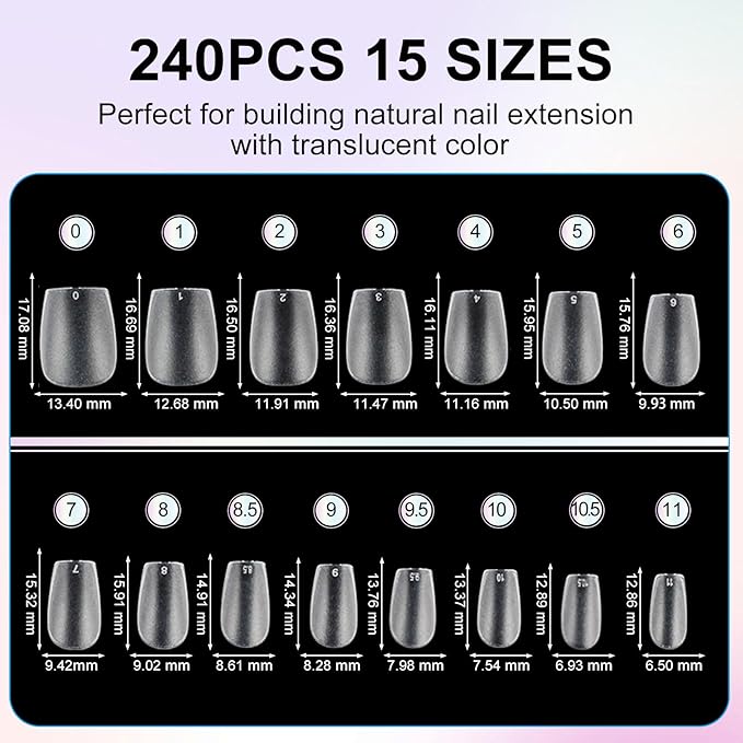 Extra Short Coffin Nail Tips, 240Pcs Double-Sided Matte Soft Acrylic Gel Full Cover Nails, No File Clear Press on Fake Nails for Nail Extension, Manicure, Home DIY, Salon, 15 Sizes