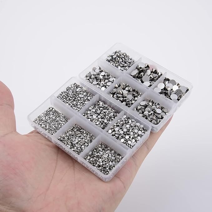 NCB 8000pcs Non Hotfix Rhinestones 10 Sizes Flatback Crystal Glass Rhinestones with Tweezers and Picking Pen for Nail Art Clothes Bags Phone Decorations Crafts DIY (031 Jet Hematite Mix SS3-SS30)