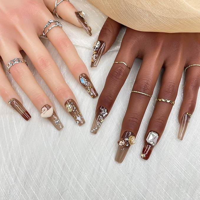 2025 Handmade Manicure Reusable PMMA Acrylic Medium Press-on Nails Brown Fake Nails with Swan Rose Rhinestone Embellishments Gifts for Women (Chocolate, Medium)