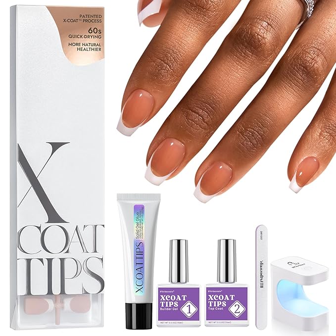 BTArtboxnails XCOATTIPS Gel Nail Kit - Short Coffin French Tip Press on Nails Kit, Brown Soft Gel Nail Tips with Nail Gel, French Protecing Duo and Nail Lamp for Gift Home DIY