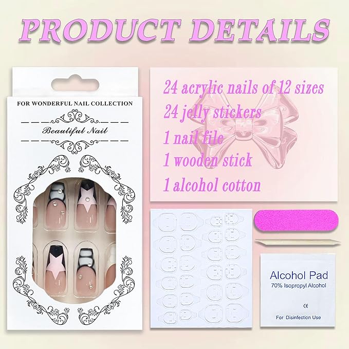 Press on Nails Long Coffin MABKJLF French Tip Fake Nails Nude Full Cover Y2K Press on Nails White Pink Star False Nails with Designs Rhinestone Glossy Manicure Glue on Nails for Women Girls 24Pcs