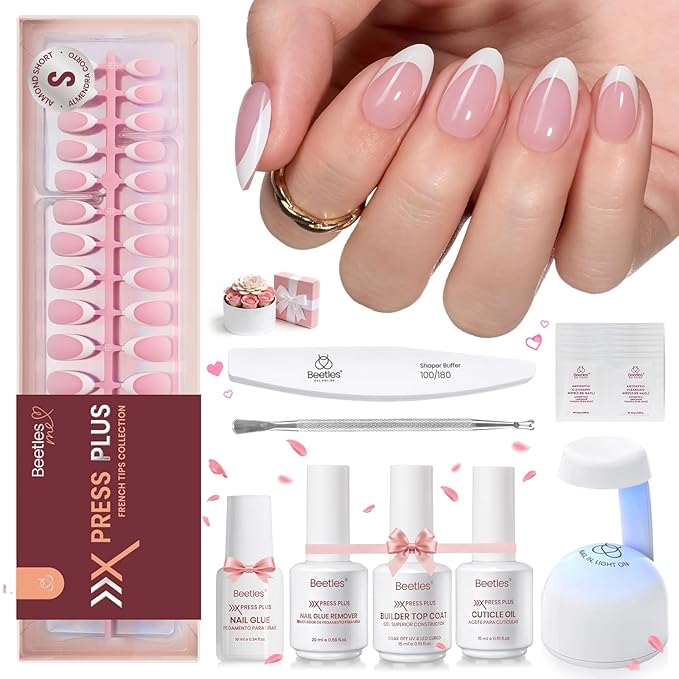 Beetles X Press Kit Gel Nail Kit, Press On Nails Short Almond Kit with 224Pcs French Nail Tips Nail Glue & Remover Builder Top Coat Mini Nail Lamp All-in-One DIY Nail Kit Gift for Women