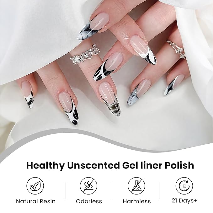 Black and White Gel Nail Polish Art Liner – 2 Colors Gel Nail Polish White Black Liner for Nail Art Design French Tips Soak Off UV/LED 8ml (B6)
