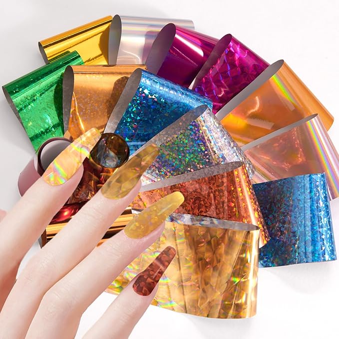 DANNEASY 300 Sheets Holographic Nail Foils Film, Iridescent Nail Art Transfer Foil Stickers Gold Metallic Neon Foil Paper Sheets Starry Sky Star Design Sticker for Nails Decoration Supplies