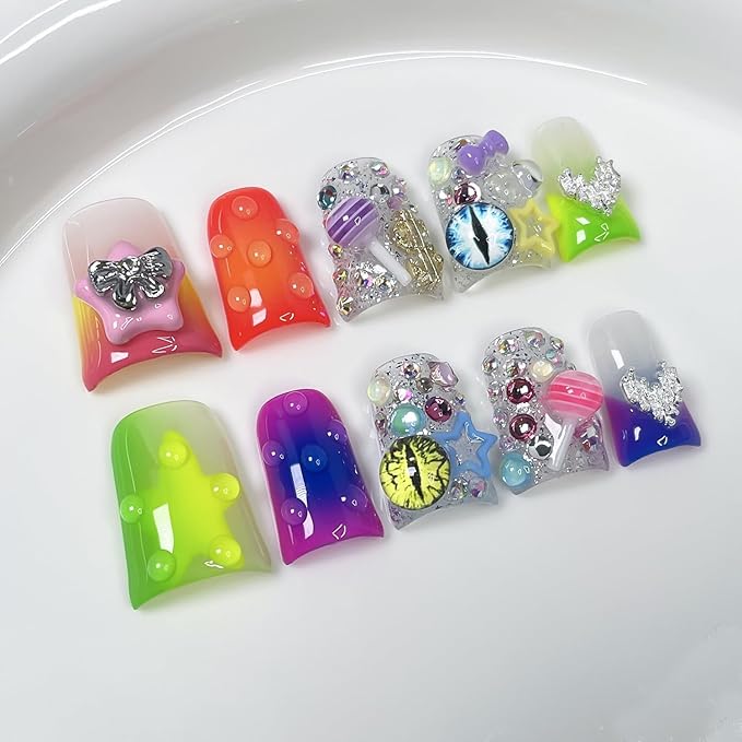 Handmade Press on Nails Luxury Thicked Acrylic Fake Nails Gradient French Tip False Nail with 3D Lollipop Rhinestones Stars Designs Glitter Short Duck Stick on Nails for Women (M)