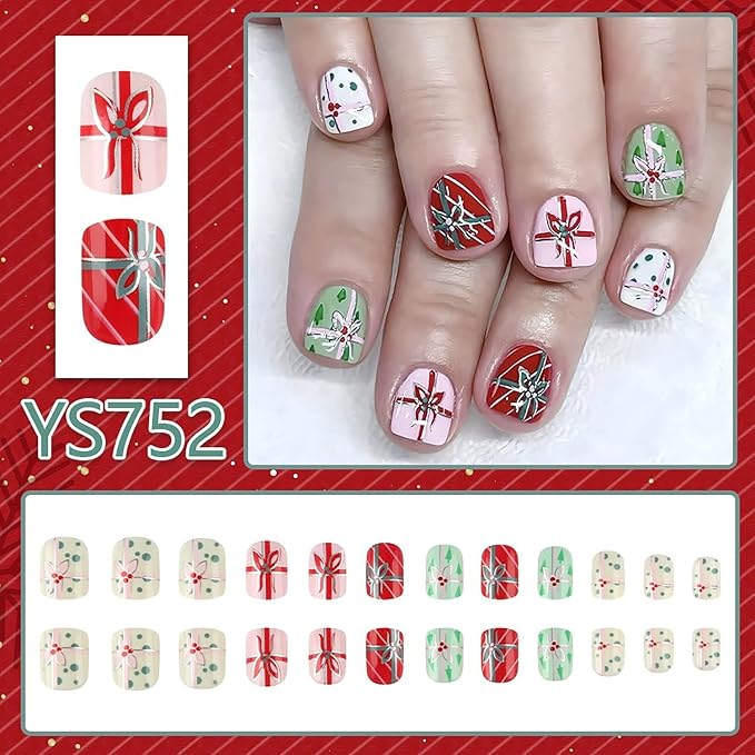 Christmas Press on Nails Short Square Fake Nails with Bow Designs Colorful Xmas False Nail Glossy Full Cover Winter Stick on Nail for Women