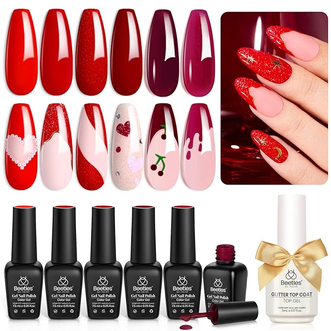Beetles Red Gel Nail Polish Set with Top Coat, Gel Polish 6 Colors Popular Shimmer Red Burgundy Nail Art Design Soak Off Uv LED Minicure DIY Home Gifts for Women