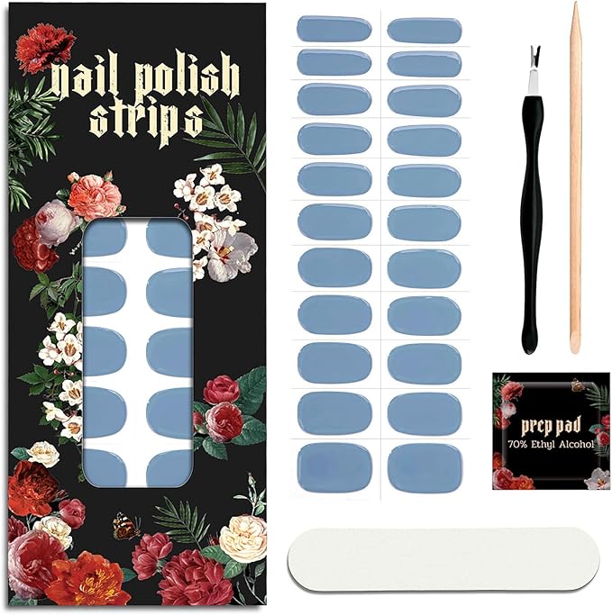 Nail Polish Strips (No UV Lamp Needed) - 22 Pcs Salon Quality Gel Nail Stickers - Long Lasting Wraps (Ash Blue)