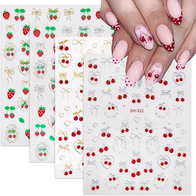 4 Sheets Cherry Strawberry Nail Stickers 5D Embossed Nail Art Stickers Summer Nail Decals with Cute Fruit Bow Designs Sweet DIY Self-Adhesive Nails Art Supplies for Women Girls