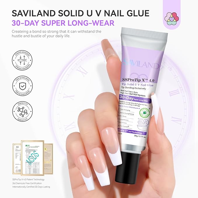 SAVILAND Solid Nail Glue Gel: 30-Day Lasting Strong Adhesive Glues for Press On Nails - SSProTip X Professional Gel Nail Glue, U V Curing Formula, Quick Cure Home & Salon Use,0.71 Fl Oz