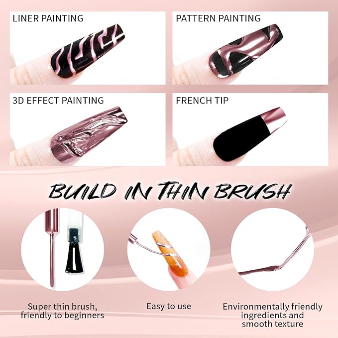 12ml Metallic Painting Gel Liner Nail Art 3D Mirror Chrome Effect Metal Painted Drawing Build in Thin Brush Soak Off UV/LED Rose Gold Striper Gel for Salon DIY Manicure