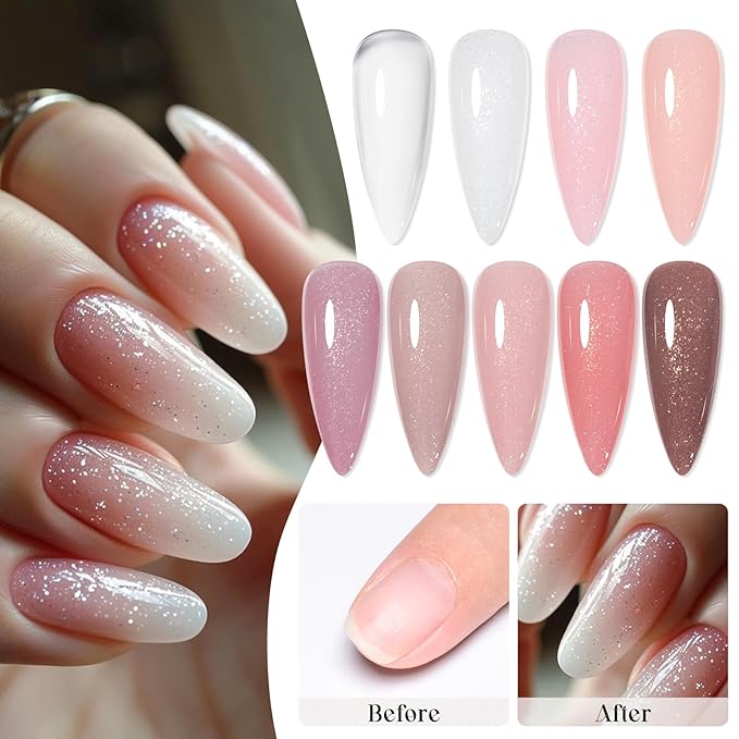 MEET ACROSS Rubber Gel Base Coat for Nails, 12Pcs Jelly Rubber Base Gel Polish for Nails Shiny Nude Sheer White Pink Long Lasting Protect Soak Off U V LED Builder Gel For Thin Weak Nails