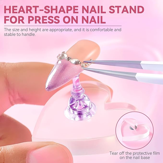 Nail Stand for Press On Art Display Practice 2 Sets, 1 Heart Acrylic Magnetic Nail Stands, Fake Nail Holder Tips, 200 PCS Double-Sided Tape, DIY Kit Home Supplies (Wood And Purple, Medium)