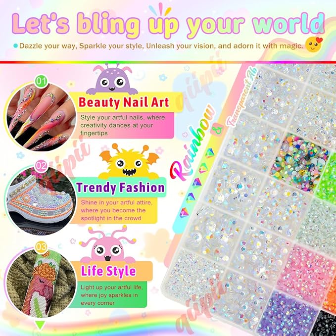 Transparent AB Resin Rhinestones w B7000 Glue for Crafting Bedazzling 2mm-6mm Flatback Colorful Jelly Stones Diamonds Gems Bedazzler Kit for Nails Face Eyes Makeup Tumblers Bottles Shoes Crafts
