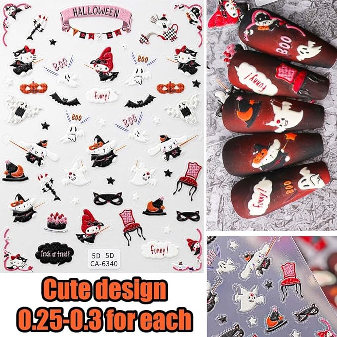 7 Pics 5D Halloween Nail Stickers, Small Cute Cartoon Nail Stickers for Kids, Girls and Women, Goth Nail Charms, Accessories for Nail Art, Pegatinas para Uñas