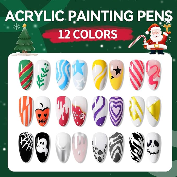 Born Pretty 12 Colors Nail Art Pens Set,3D Nail Point Graffiti Dotting Pen Acrylic Paint Pens Point Liner Pen Drawing Painting Quick Dry Nail Markers for DIY Nails Art Beauty Adorn Manicure Tools