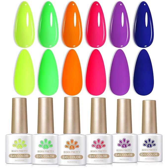 Born Pretty Neon Gel Nail Polish Set 6 Colors Spring Summer Luminous Glow in Dark Gel Polish Fluorescent Orange Hot Pink Blue Yellow Green Purple Gel Nail Polish Set 7ML