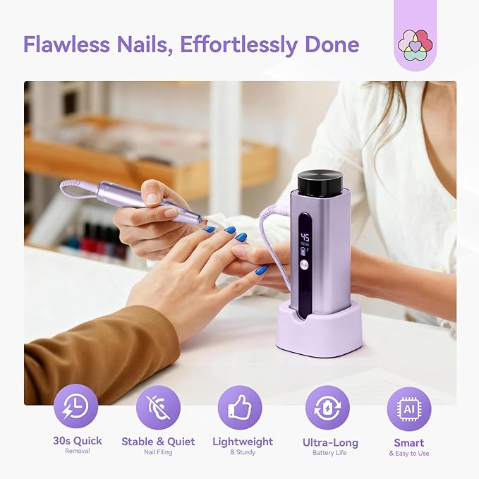 SAVILAND 45000RPM Nail Drill: 30s Stable & Fast Removal of Hard Thick Nails Electric Nail File Long Battery Life Nail Filer Electric Smart and Portable for Acrylic Nails Dip Nails Home DIY