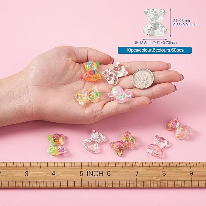 FASHEWELRY 60Pcs Transparent Resin Gummy Bear Cabochons Flatback 3D Cute Cartoon Bear Slime Charms with Star Paillette for DIY Jewelry Making