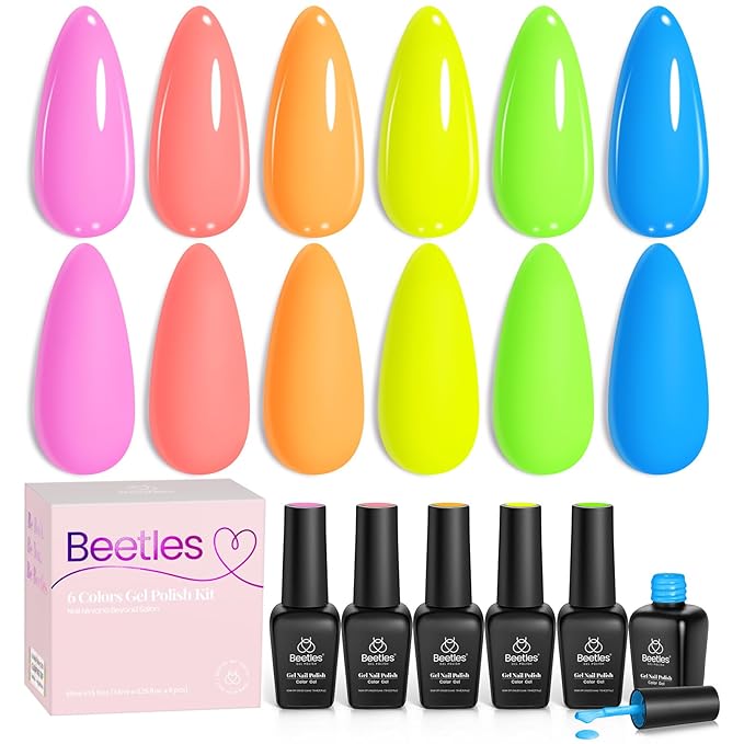 Beetles Valentines Gel Nail Polish Set, Bright Rainbow Collection 6 Colors Hot Pink Blue Yellow Green, Soak Off UV LED Neon Gel Nail Polish Kit Spring Nails - Gift for Women