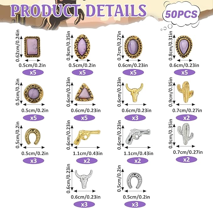 50 PCS Western Nail Charms - Purple Turquoise Nail Charms, Vintage Cowboy Cowgirl Western Art Gems Stickers, Retro Metal Gold Silver Art, Purple Multi-Shape Marble Gems Bulk DIY