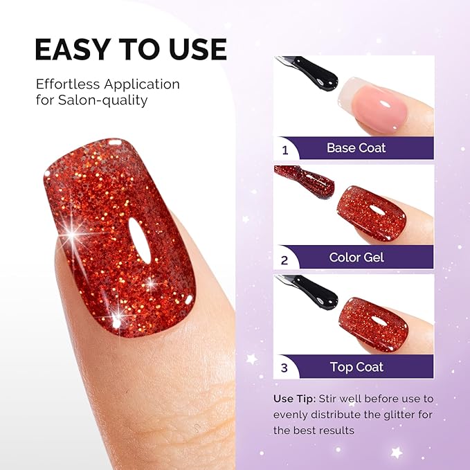 MelodySusie Galaliver Red Glitter Gel Nail Polish, 15ML Sparkly Shimmer Christmas Red Gel Polish Soak Off UV LED Cured Long Lasting Gift for Women DIY Nail Design Nail Art Manicure X01