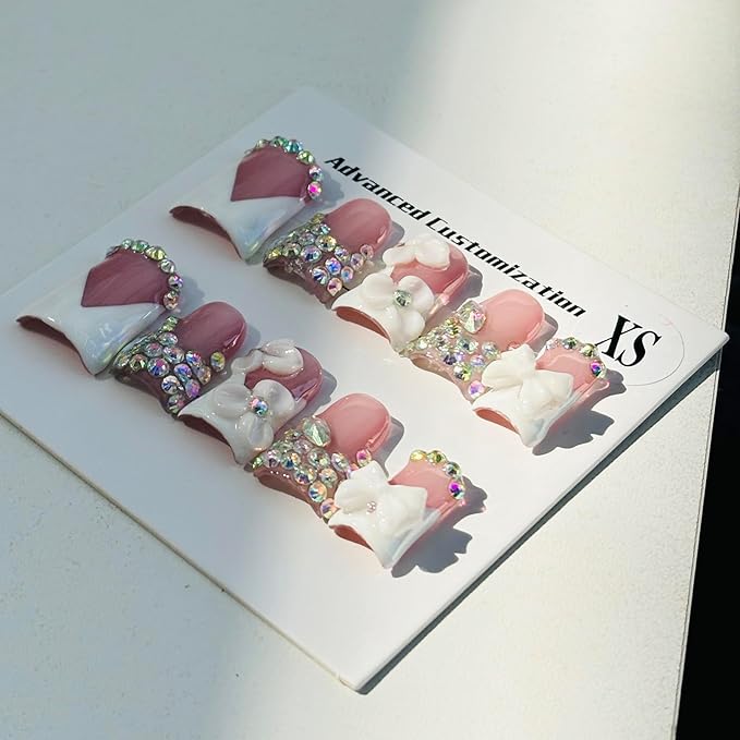 10pcs Handmade Press on Nails for Women - Medium Duck Curve 3D Thick Acrylic Fake Nails Reusable,Designer Floral Butterfly Rhinestones Bling Boho Funky Y2k Nail-art Set,L,white