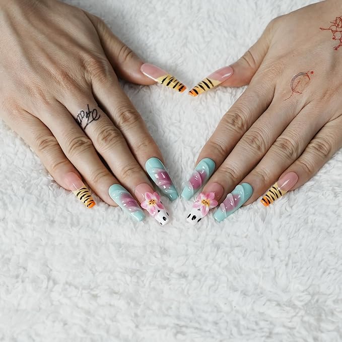 3D Floral French Tip Long Coffin Press On Nails, Zebra Print with Handmade Lotus Flower Glossy Acrylic Nails Full Cover Stick on Nails for Women (Playful Zebra with Lotus,S)