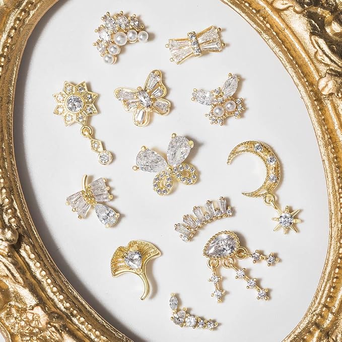 HNUIX Nail Charms and Gems - Gold Copper Zircon, Multiple Shapes Dangle, Metal Jewelry Rhinestones for Nails 22Pieces
