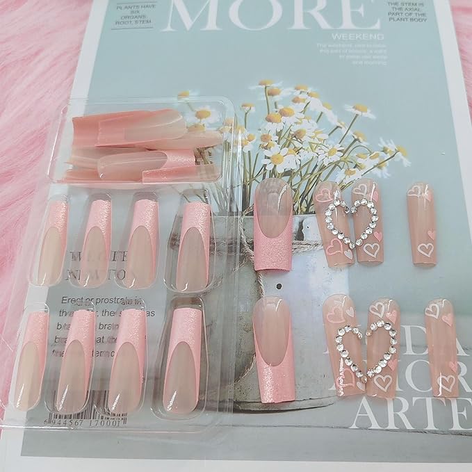 Pink Heart Long Press on Nails Coffin with Love Rhinestones Design Acrylic Nails Press ons Full Cover False Nails with Glue for Women and Girls 24Pcs