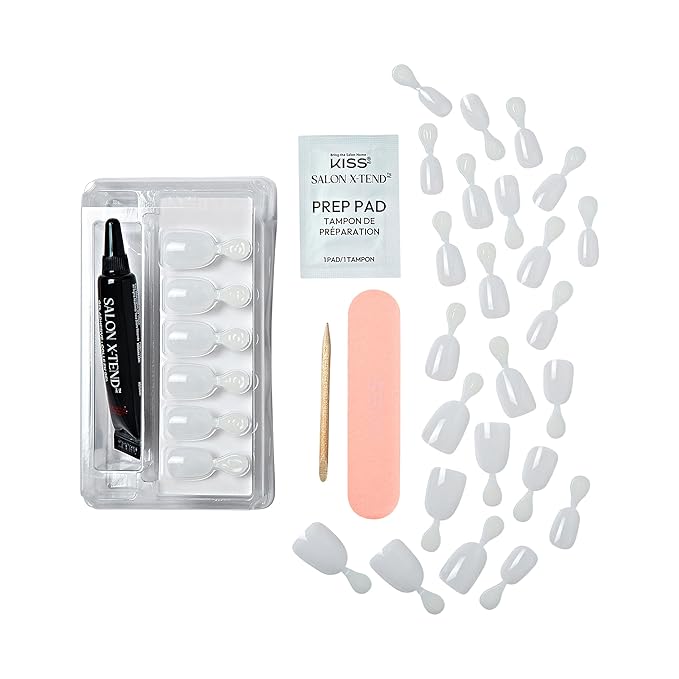 KISS Salon X-tend, Press-On Nails, Nail glue included, 'Keep It', Light White, Short Size, Oval Shape, Includes 30 Nails, 5Ml Led Soft Gel Adhesive, 1 Manicure Stick, 1 New Mini File, New Prep Pad