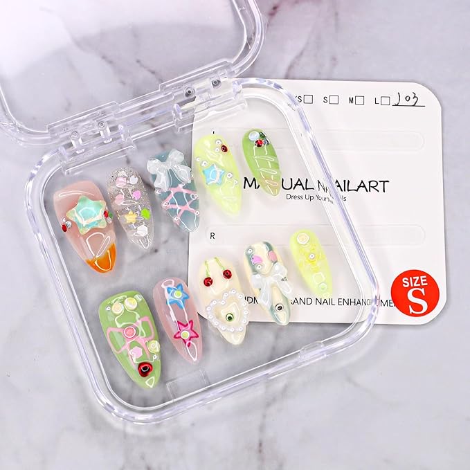 Short Press on Nails Almond Handmade False Nails 3D Stars Bow Pearl Designs Summer Flower Cherry Thick Acrylic Nails Full Cover Fake Nail Set Cute Glue on Nails for Women (Size S)