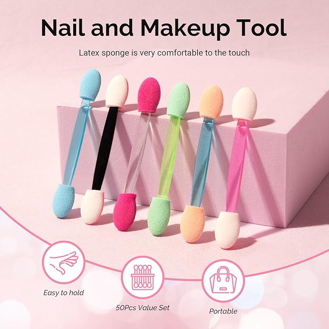 MelodySusie 50Pcs Chrome Nail Powder Brushes, Disposable Dual Sides Eye Shadow Sponge Applicator Eyeshadow Brushes Makeup Brush,Metallic Mirror Effect Brush Pearl Glitter Pen Brush