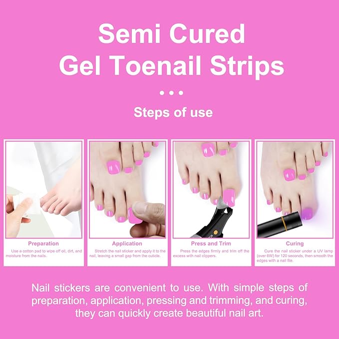 SILPECWEE Semi Cured Gel Nail Strips, Toenails Stickers Full Nail Wraps UV Light Required, Salon Quality, Easy to Apply & Remove, Toenail Strips for Women Girl (Vibrant Magenta - 32PCS)