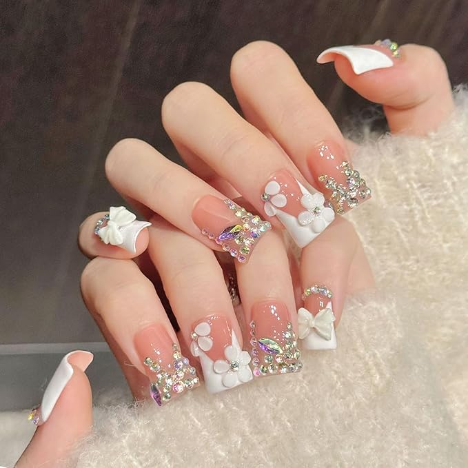 10Pcs Medium Handmade Press on Nails Duck Fake Nails French Diamond Bow Design False Nail White Full Cover Glue on Nail for Women