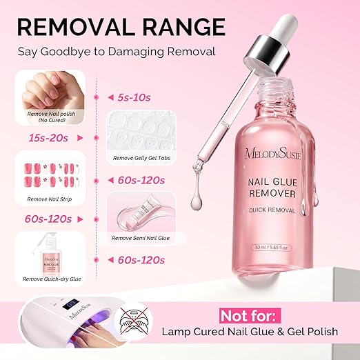 MelodySusie 50ML Nail Glue Remover for Press on Nails, Acetone Free Nail Polish Remover Multi-Functional Remover for Acrylic Tips Gentle Glue Remover with Stick