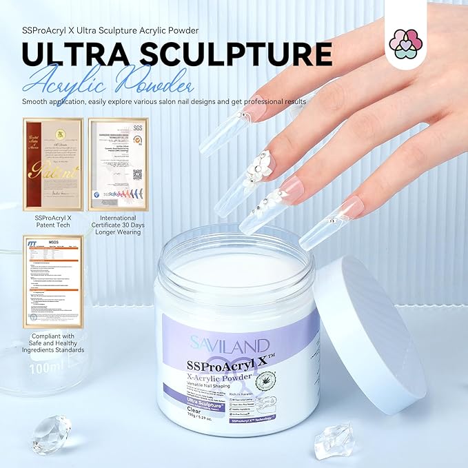 SAVILAND EMA Monomer Acrylic Nail Liquid with 5.29oz Ultra-Smooth Clear Acrylic Powder