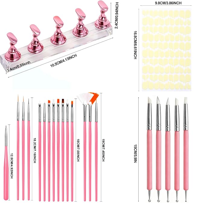 AIBEE Nail Art Tools Set, 15Pcs Nail Art Brushes 2Pcs Nail Stand for Press On 5Pcs Dual Tipped Nail Dotting Tool and Sculpture Pen with Tape Nail Holder for Painting DIY Press On Nails