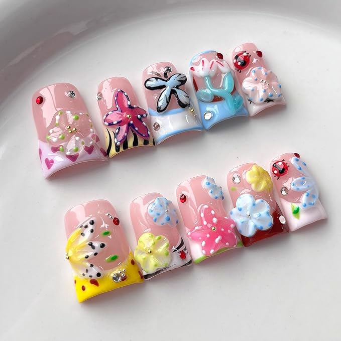 French Tip Press on Nails Handmade Short Duck 3D Flower Thick Acrylic Nails Cute False Nails with Floral Ladybug Butterfly Designs Glossy Fake Nail Sturdy Art Spring Press on Nail 10Pcs(M)