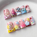 French Tip Press on Nails Handmade Short Duck 3D Flower Thick Acrylic Nails Cute False Nails with Floral Ladybug Butterfly Designs Glossy Fake Nail Sturdy Art Spring Press on Nail 10Pcs(M)