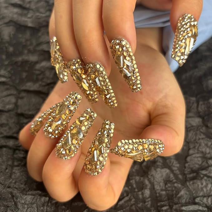 Trendy Handmade Press On Nails Long Square Shape,10Pcs Shimmery Acrylic Fake Nails with 3D Champagne Rhinestone Luxury Design Stick On Nail for Woman Gift
