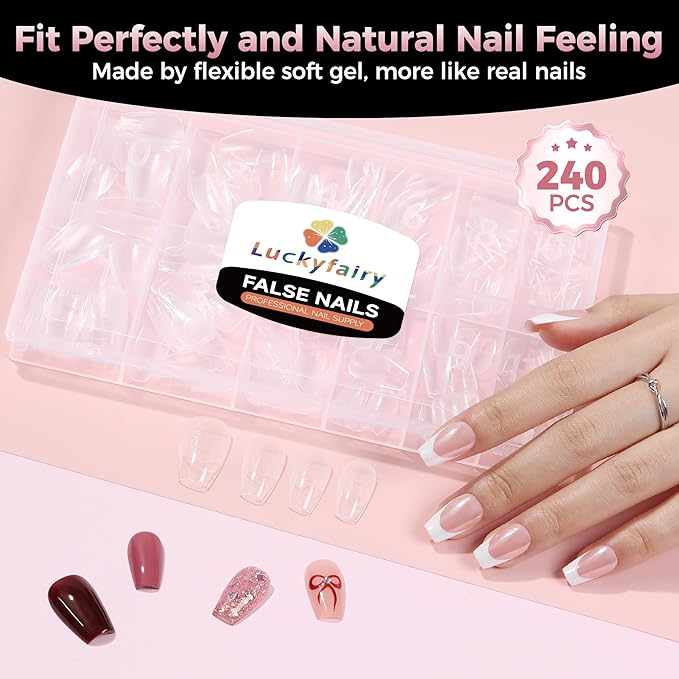 Short Coffin Fake Nails, 240pcs Soft Gel Pre-Filed Acrylic Short Ballerina Nail Tips, Half Matte Full Cover Clear Press on Flase Nail Tips for Nail Extension Home DIY 12 Sizes Gelly Tips