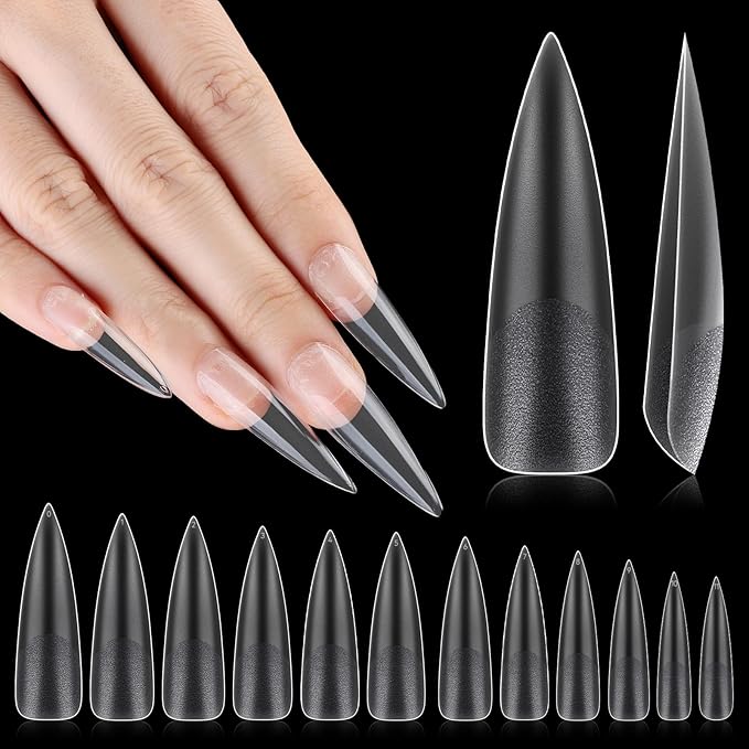 No C Curve XXL Stiletto Nail Tips, Full Matte Clear Full Cover, Stiletto Flat Tips for Acrylic Nails Art Design, Salons, Home DIY Nail Extension(12 Sizes 240PCS)